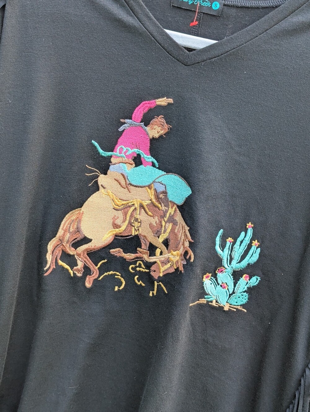 Cowboy fringed tee shirt, bucking bronco w cowboy embroidery shirt - Picture 2 of 6
